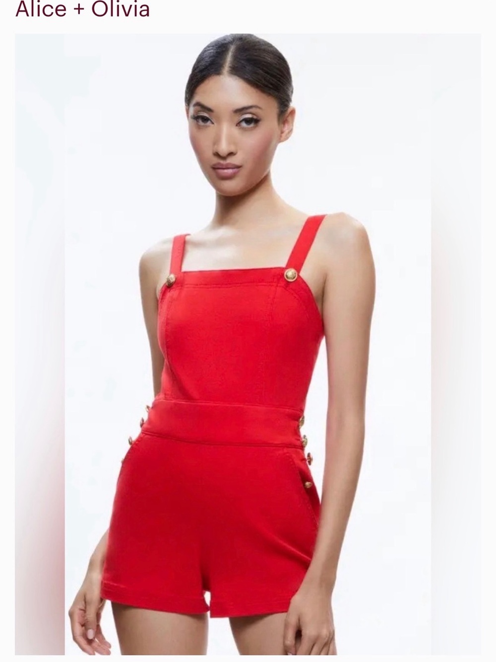 Alice + Olivia Red Button-Detail Strap Romper